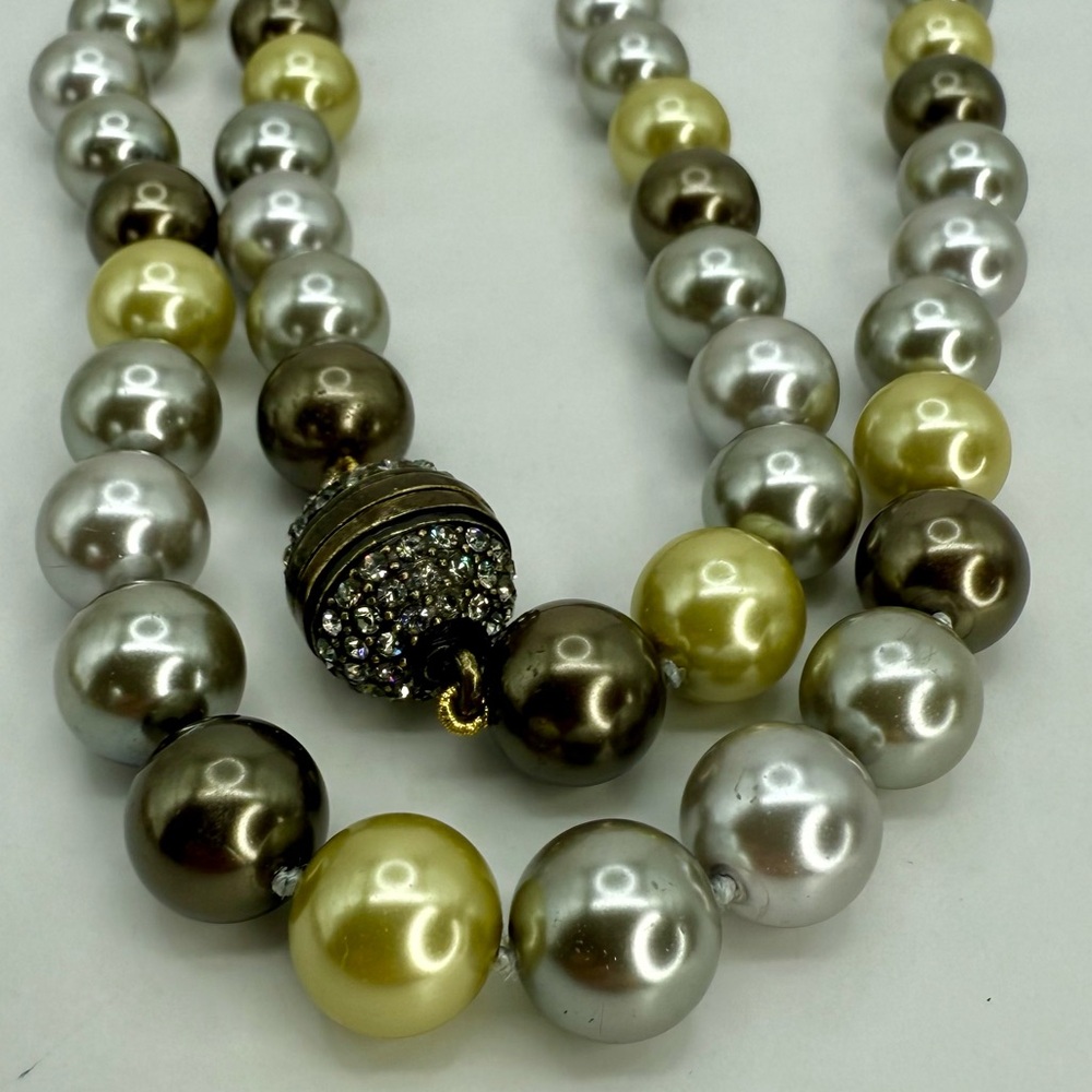 Heidi Daus Faux Pearl Necklace 36” — Multi-Tone Double Strand w Pave Screw Clasp - Picture 16 of 17